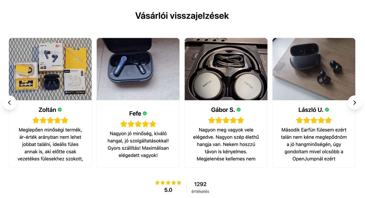 Vásárlói fotós vélemények karusszelje az earfun.hu főoldalán