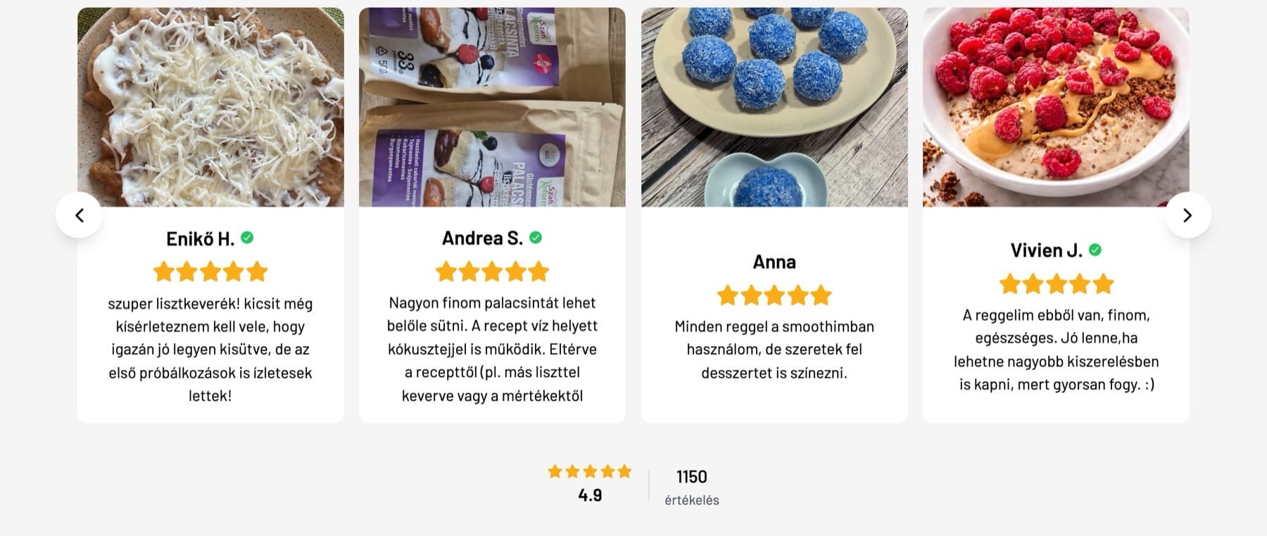 Vásárlói vélemények karusszelje a Szafi Webshop főoldalán, 4,9-es átlaggal